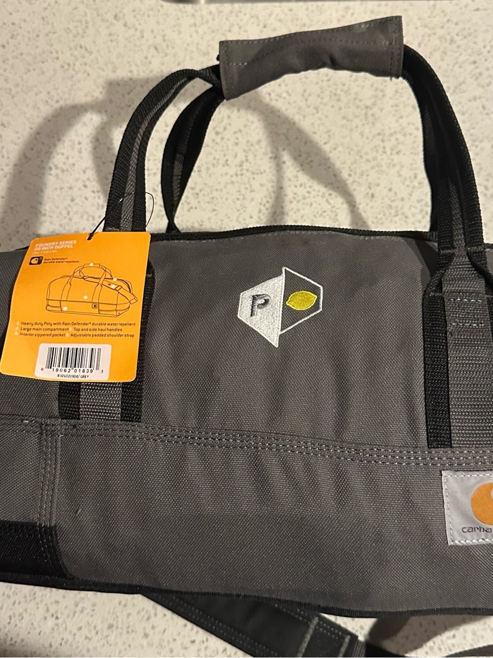 Carhartt Gray and Black Duffel Bag with Yellow Accent